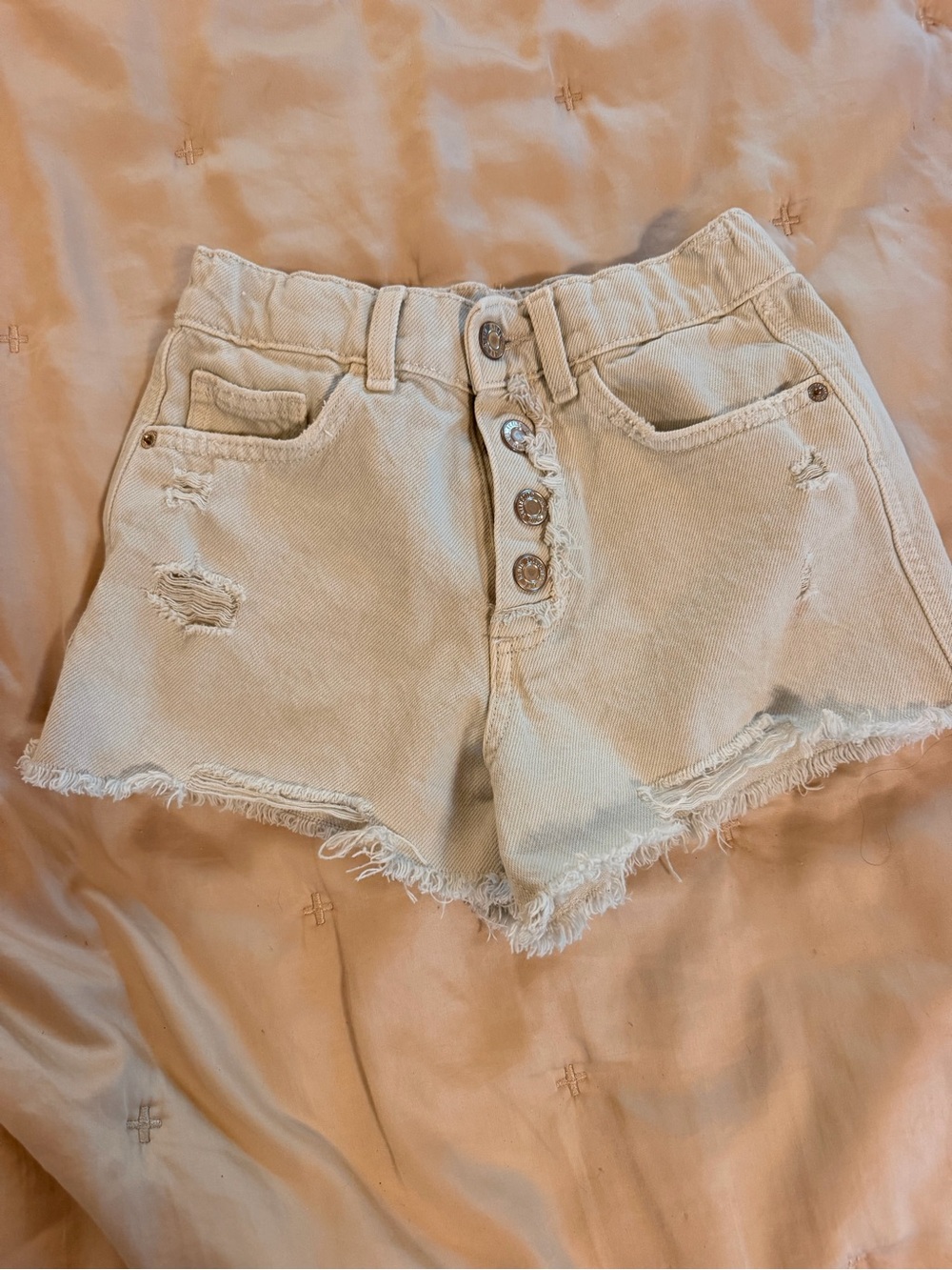 Zara Cream Frayed Denim Button-Fly Shorts
